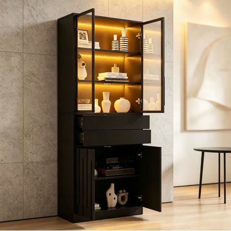Vitrina doble 140x34x180 cm con 4 puertas de vidrio templado, 2 cajones y LED Bluetooth (1/5)