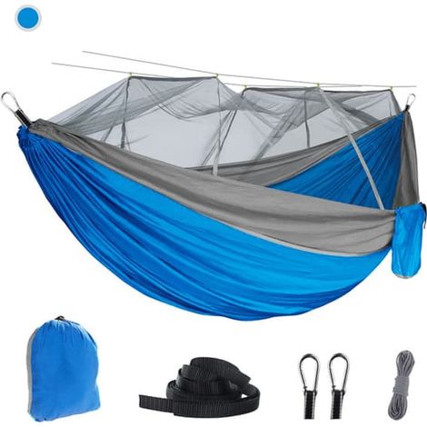 Hamac double de camping avec moustiquaire intégrée pour se reposer en plein air, en nylon 210T Fall-Rest, avec moustiquaire haute densité intégrée, gris et bleu. (1/5)