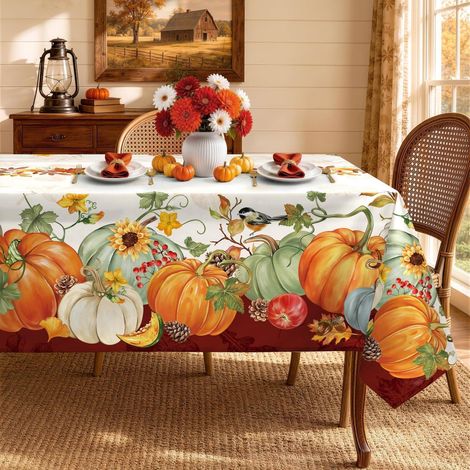 Herbstliche Tischdecke mit Kürbis-Ahornblatt-Motiv, 152x264 cm, waschbar
