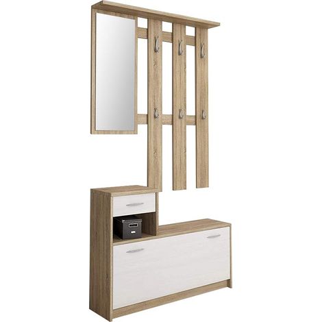 Mobile Belem Mobiletto da Ingresso con Scarpiera Appendiabiti e Specchio Arredo Arredamento Corridoio Entratina 97 x 35 x 25 cm (Bianco e Quercia) - Colore: Bianco Quercia
