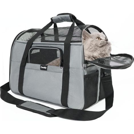Sac Transport Chat Chien, Sac Transport Respirant et Pliable, Caisse de Transport Chat avec Bandoulière Réglable, Matelas en Peluche Amovible, M, Gris (1/5)