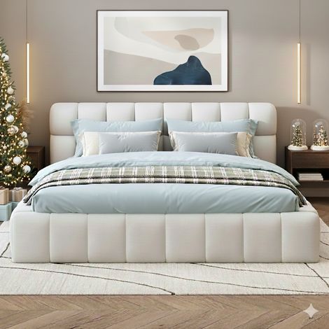 Lit 140x200 cm - Lit Double Rembourré - Tissu Coton Lin - Tête de Lit Confortable - lit 140x200 Beige
