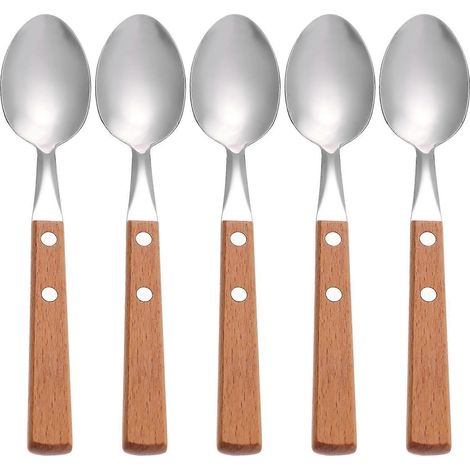 Lot de 5 cuillères à dessert en acier inoxydable avec manches en bois (couleurs assorties)-20.00X3.80X1.20CM (1/4)