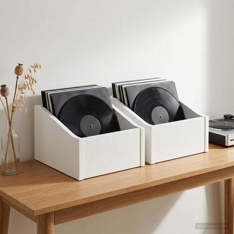 Irovami Boîte pour disques vinyle (lot de 2), blanche, 23 x 33 x 16 cm, bois composite (1/5)
