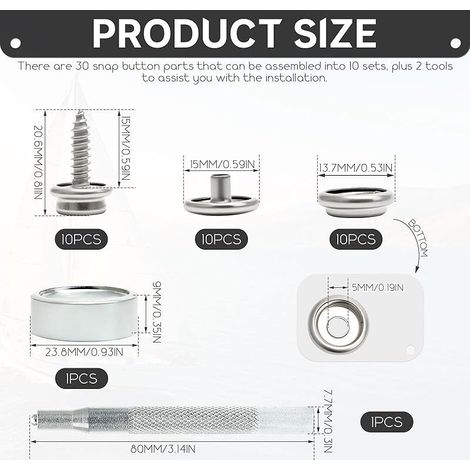 Lot de 32 boutons-pression à visser 15 mm en acier inoxydable 304 avec outils de fixation, boutons-pression argentés pour toile, meubles en bois et cuir DIY (1/5)