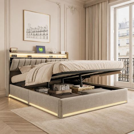 Lit coffre 140x190 cm, Lit simple capitonné avec LED RGB et chargement USB Type-C, tête de lit avec rangement, velours doux, Gris (1/5)