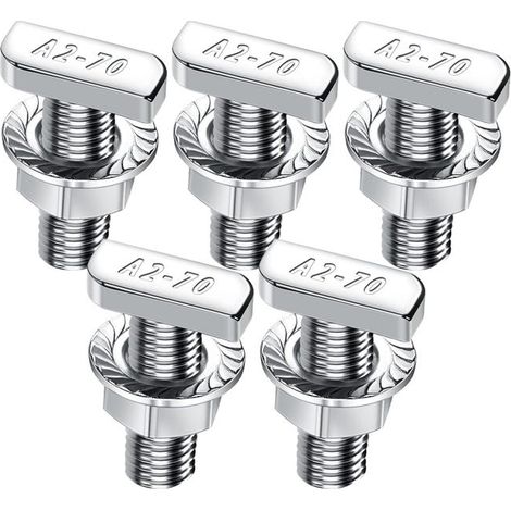 Juego de 5 tornillos de cabeza de martillo - M10 x 25 - Fabricados en acero inoxidable A2-70 - Con tuercas dentadas - Tuercas con brida - M10 - Para riel de montaje de paneles solares fotovoltaicos (1/5)