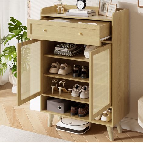 Schuhschrank aus Holz mit 2 Türen, 4 Einlegeböden, 1 Schublade und offenem Fach 80x105x35 cm (1/5)