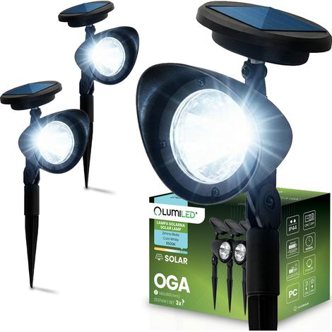 3 lampade solari a LED da giardino, nere, direzionali, OGA, faretto, IP44, 6500K, Lumiled (1/5)