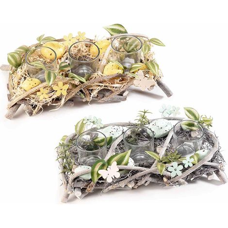Portacandele pasquali in legno con 3 vasetti vetro, uova colorate e farfalle decorative, set da 2 pezzi, cm 30 x 14 x 8,5 H