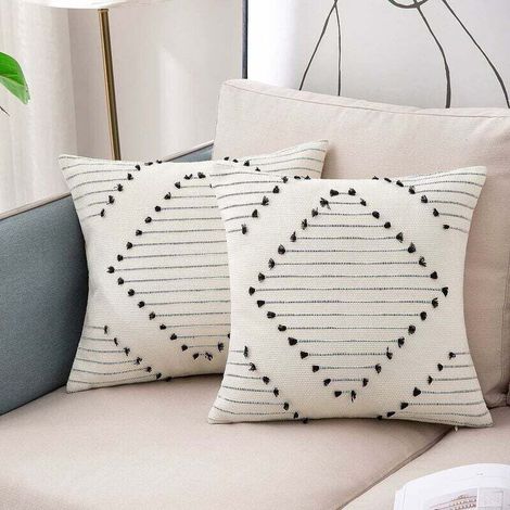 Set of 2 Throw Pillow Covers (45 x 45 cm), Bohemian Decorative Pillow, Modern Square Woven Cushion Cover for Sofa, Bedroom, Living Room, Black and White (1/5)