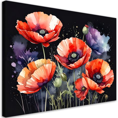 Impression sur Toile, Fleurs de coquelicots rouges sur fond noir,30x20 (1/4)
