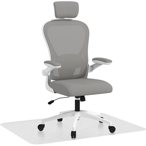 HOMCOM conjunto de oficina incluye 1 silla de oficina de malla con reposacabezas y soporte lumbar ajustables gris y 1 alfombra protectora 90x120 cm (1/5)