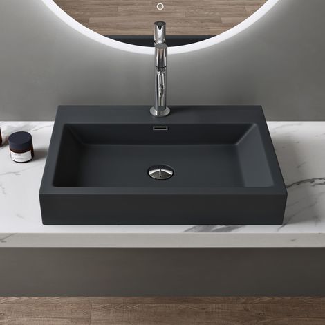 doporro Lavabo da Appoggio Rettangolare, Lavabo Bagno Sospeso con Foro Rubinetto e Troppopieno, Lavandino in Marmo Resina Antracite Opaco 60x42x10cm, Colossum06