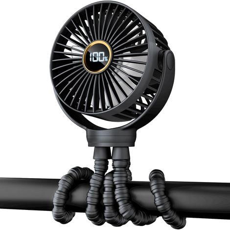 Ventilateur pour poussette, rechargeable clip, moteur sans balais silencieux, écran LED, 3 vitesses, rotation 360°, trépied flexible amovible, usage main table, poussette tapis de course (1/5)