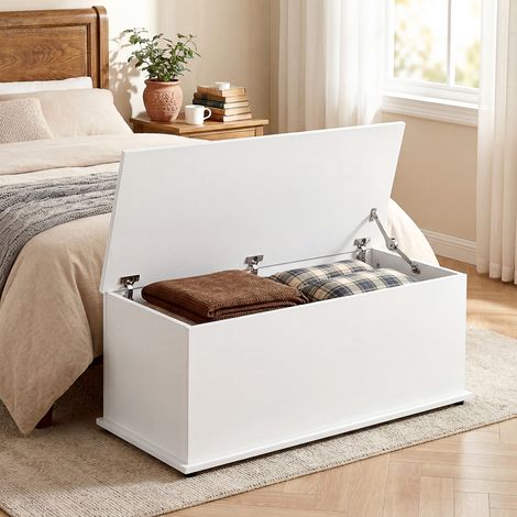 Coffre de rangement, banc de rangement avec couvercle rabattable et charnières de sécurité, banc chaussures, meuble d'entrée, couloir, chambre, salon, 100 x 40 x 40 cm, blanc (1/5)