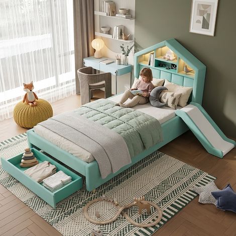Lit enfant cabane rembourré 90 x 200 cm, toboggan réversible, LED, port de charge, étagères de tête de lit, grand tiroir, bleu-vert (1/5)
