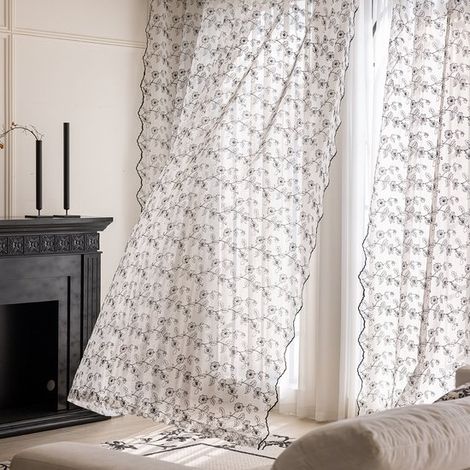Rideaux bohèmes en lin à motifs floraux pour le salon, imprimé lin froissé, tissu doux, motif floral vintage, style champêtre, rideaux filtrant la lumière, à œillets ou à pattes, 2 panneaux, 213 cm, n (1/5)