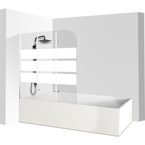 Randaco Pare-baignoire gain de place 3 panneaux, H.140 x l.120 cm, verre sérigraphié à bandes blanches, profilé alu argenté (1/5)