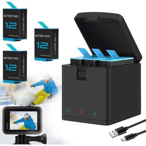 Kit chargeur pour GoPro Hero 12 11 10 9 Black - Batterie et chargeur de remplacement - Compatible tous accessoires (1/5)