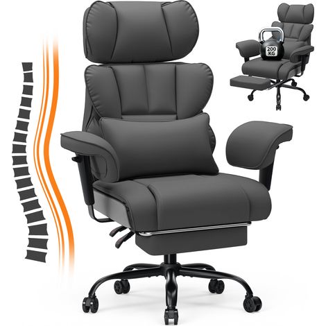 Ergonomisch Massage Gaming- und Bürostuhl Leder mit Fußstütze, verstellbarer Kopf- & Armlehne, 200 kg belastbar, Grau