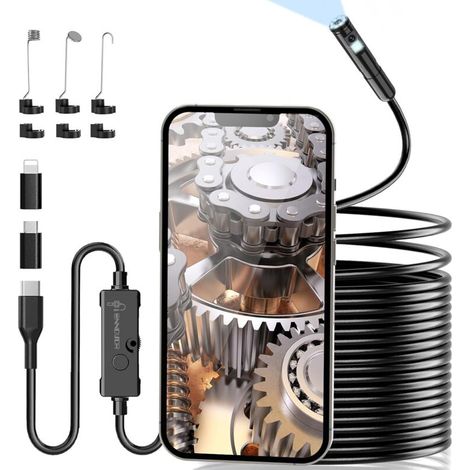 Camera Endoscopique Double Objectif 1920P HD. Camera Inspection Canalisation Étanche IP67 avec 8+1 LED. 10M Câble Semi-Rigide. Compatible Android/iOS. pour Égouts et Tuyaux (1/5)