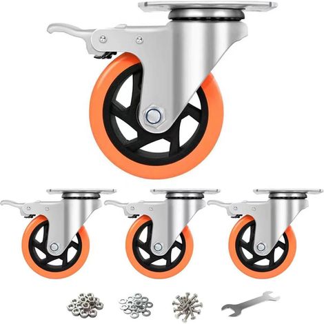 100 mm Roulettes pour meubles avec 4 freins de verrouillage, jusqu'à 600 kg, roulettes charge lourde pivotantes à 360 degrés, pour tous les sols, meubles, équipements (paquet de 4) (1/5)