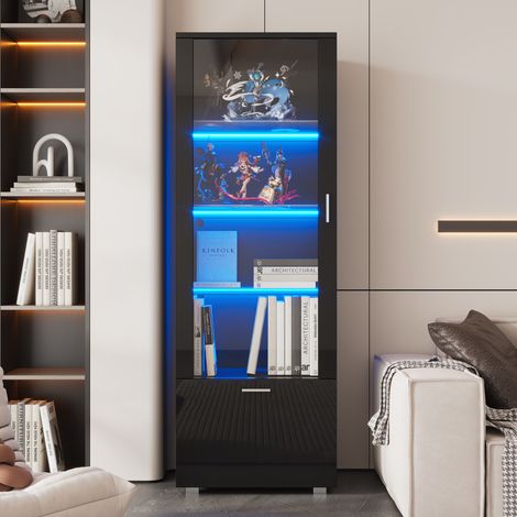 Vitrina 40x50x160 cm negra en acrílico y tablero de partículas con LED, 3 baldas de vidrio templado y cajón oculto (1/5)