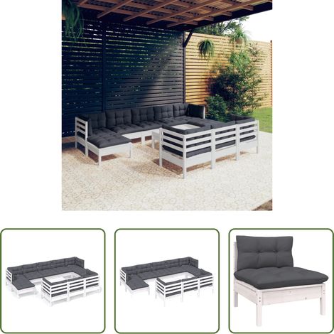 Terrassensofa - 11-tlg. Garten-Lounge-Set mit Kissen Weiß Kiefer Massivholz (1/5)