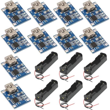 Pack of 10 Mini USB 5V 1A 18650 Battery Charger Modules, Mini USB Interface + 6 Pieces 3.7V 18650 Battery Holders in Plastic Cases with Wire Leads