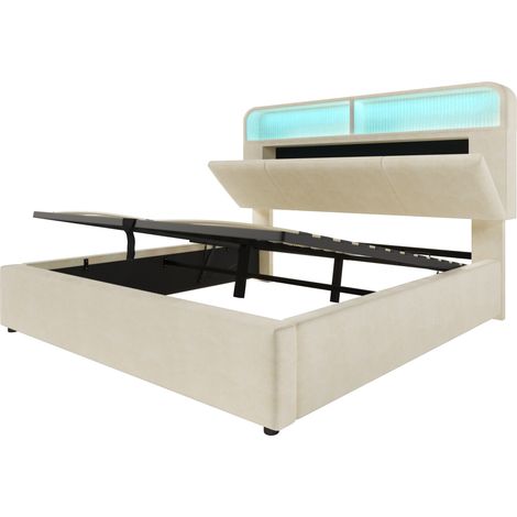 Polsterbett 140x200 cm aus beigem Samt mit verstellbarem Kopfteil, LED, USB-C und Matratze (1/5)