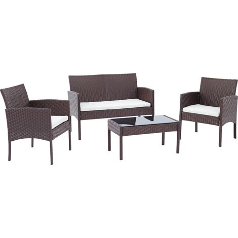 Conjunto de muebles de jardín exterior de 4 plazas en resina trenzada marrón con mesa de centro y cojines 100007923