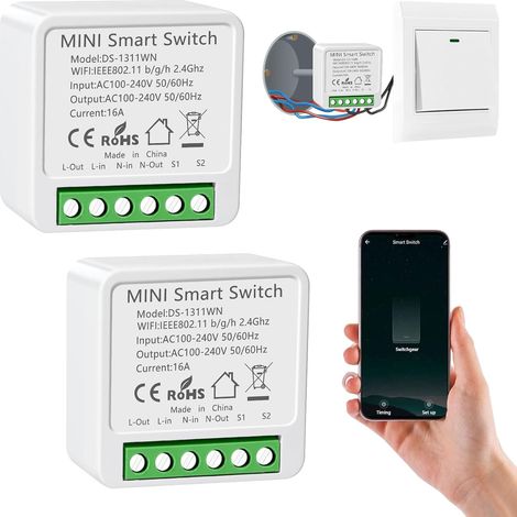 2PC Interrupteur WIFI, Interrupteur Connecté Compatible avec 15, Interrupteure Lampe avec Tuya Smart Life APP, Montage Encastré Dans le Socle, 2 Voies, Conducteur Neutre Nécessaire (1/5)