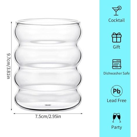 Lot de 2 Verres à Bulles en Verre en Forme de Vague, Verres à Boire Vintage, Verres à Nervures, pour eau Café Boisson Vin Cocktail Whisky Bière (1/4)