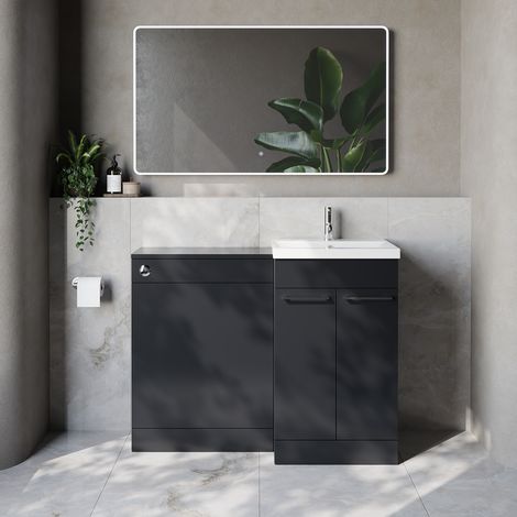Napoli 390 Cento Gloss Grey 1100mm 2 Door Vanity Unit Toilet Suite with Glide Basin - 1100mm - Chrome 160mm HandleWithout Kingston Toilet Pan