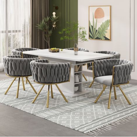 Silla de comedor giratoria de terciopelo gris y dorado, juego de 6 con patas de metal y giro 360°,59×54×72cm (1/5)