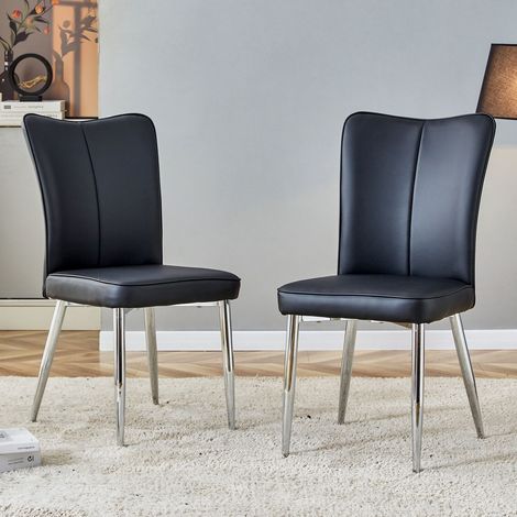 Lot de 2 chaises modernes design noir, revêtement PU noir, piètement métal argenté (1/5)