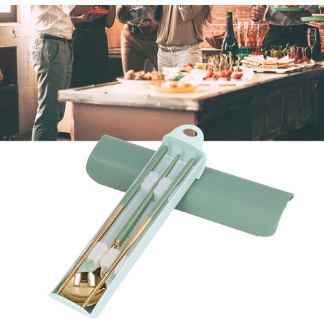 Ensemble de couverts portables en acier inoxydable, boîte de rangement pour baguettes d'étudiant, ensemble de cuillères de voyage, ensemble individuel, vert et or. (1/5)