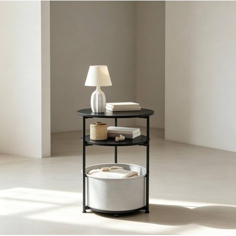 Tavolino rotondo 43x43x56 cm metallo nero, contenitore integrato, salvaspazio – MEUBLIV (1/5)