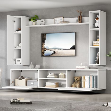 TV-Wohnwand-Set aus Spanplatte in Weiß, 4-teilig, 180 x 35 x 33,5 cm, stehend oder hängend, mit Stauraum (1/5)