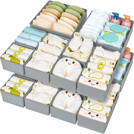 Organisateur de Tiroir Tissu - Boîtes de Rangement Pliable Separateur  Lot de 15 Organiseur Tiroir Bébé, Boite Rangement Vetement pour Clothes, Pantalon, Chaussettes, Cravates, Écharpes, Gris (1/5)
