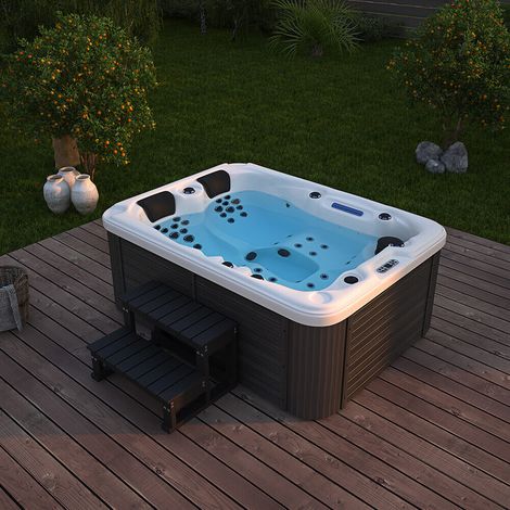HOME DELUXE - Outdoor Whirlpool - Beach Plus Treppe und Thermoabdeckung - Maße: 210 x 155 x 83 cm - Inkl. Heizung, 51 Massagedüsen und 24 Lichtquellen I Außen Whirlpool für 3 Personen Whirlpool Outdo (1/8)