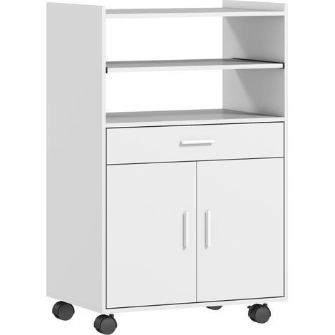 Meuble micro-ondes, étagère, meuble à double porte, tiroir, roulettes, blanc (1/5)