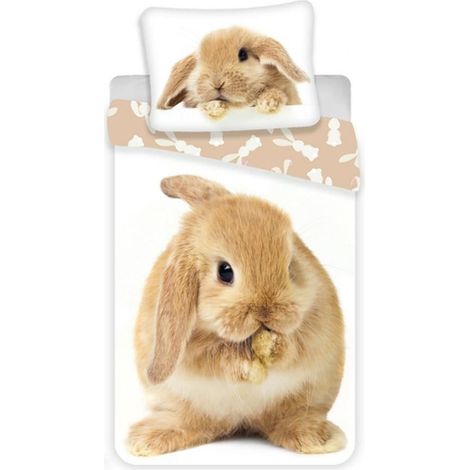 Parure de lit 140x200 cm, motif lapin marron, taie d'oreiller 70x90 cm (1/3)