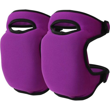 Set di due ginocchiere da giardinaggio, realizzate in schiuma spessa, regolabili e traspiranti, di colore viola. (1/4)