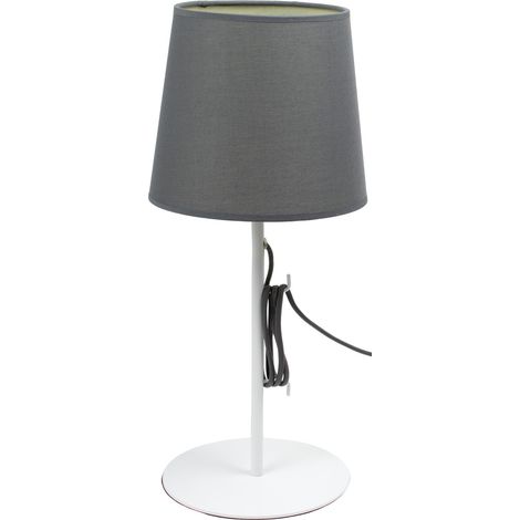 Lampe a poser cordon textile socle pied en métal blanc abat jour tissu gris (1/3)