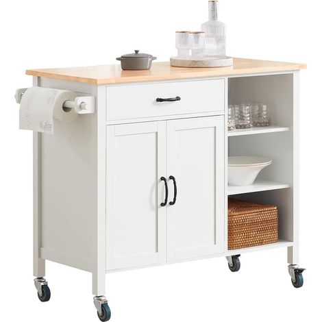 SoBuy FKW103-WN Design Küchenwagen mit Arbeitsplatte Kücheninsel Küchenschrank Rollwagen Sideboard auf Rollen Küchentrolley Weiß-Natur BHT ca.: 108x89x48cm