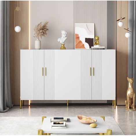 Credenza bianca opaca con 4 ante, ripiani regolabili e dettagli dorati 160x35x100 cm (1/5)