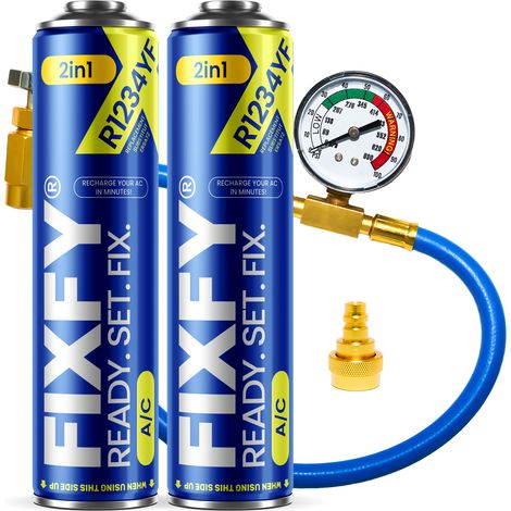 Kit di ricarica Fixfy 2 in 1 per condizionatore d'aria da 500 ml: 2 bombolette grandi + tubo flessibile + adattatore R1234yf (1/5)