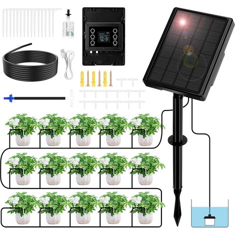 Kit D'irrigation Goutte a Goutte Énergie Solaire, Système Arrosage Automatique Goutte à Goutte, Systeme D'irrigation Jardin Avec 10M Tuyau Arrosage, Programmateur Arrosage pour 15 Pots (1/5)